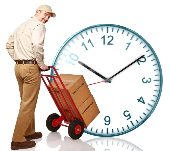 Класичний Годинник Доставка Людина Ручною Вантажівкою — стокове фото