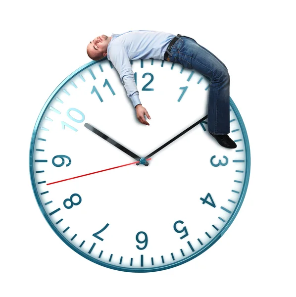 Класичний Годинник Ізольований Білому Тлі Втомлений Сплячий Чоловік — стокове фото