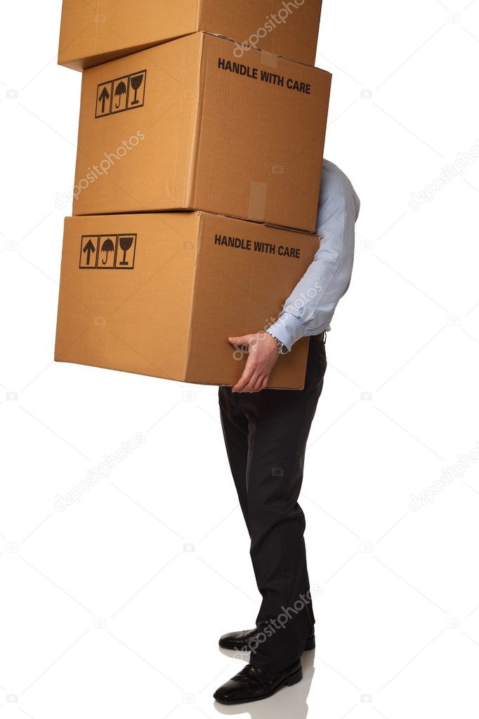 Businessman delivery big boxes isolated on white