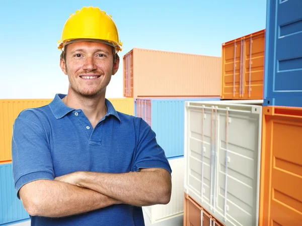 Arbeiter und 3D-Container Hintergrund — Stockfoto