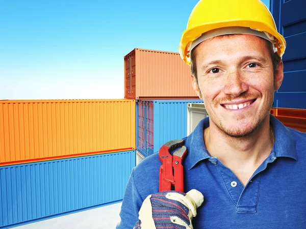Smiling Handyman Container Background — Stock Photo, Image