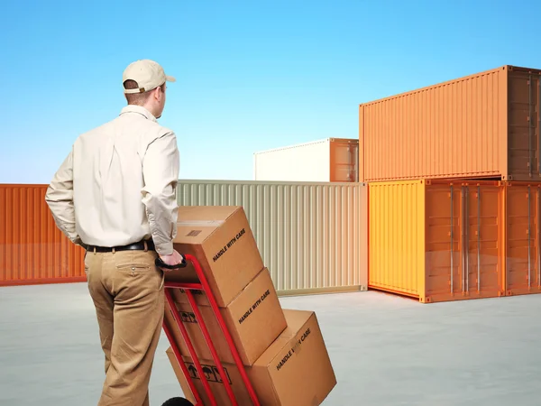Levering Man Klassieke Metalen Container Blauwe Hemelachtergrond — Stockfoto