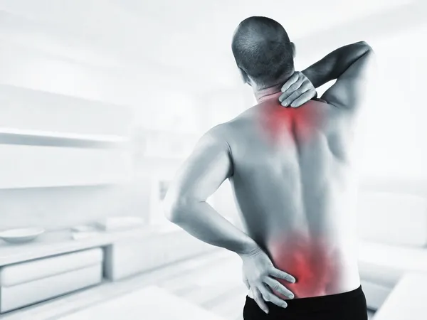 Mann Hause Mit Rückenschmerzen Roter Zone — Stockfoto
