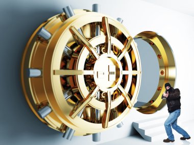 armed thief and bank golden vault door 3d clipart