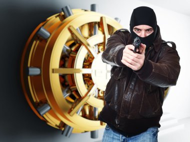 armed thief and bank golden vault door 3d clipart