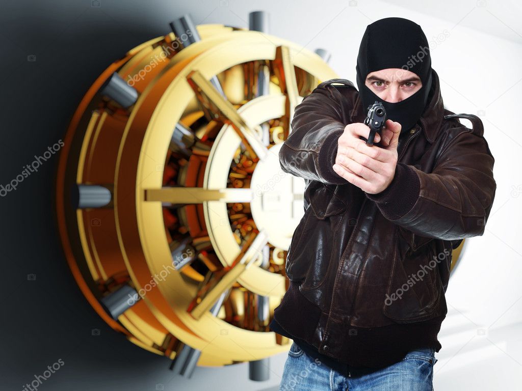 armed thief and bank golden vault door 3d