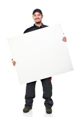Beyaz tahta holding ayakta beyaz işçi