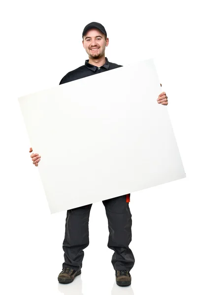Trabalhador Manual Caucasiano Segurando Uma Placa Branca — Fotografia de Stock