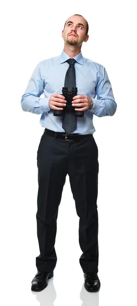 Homem Com Binocular Isolado Sobre Fundo Branco — Fotografia de Stock