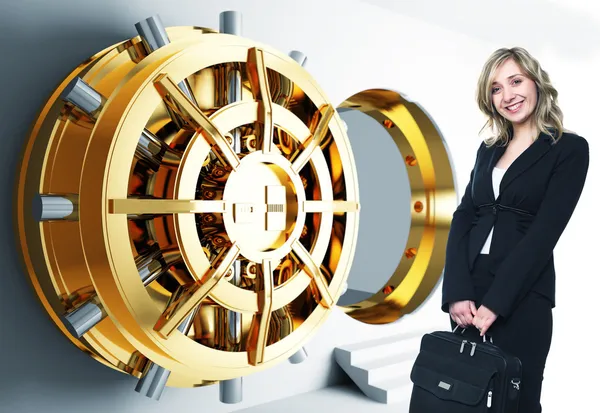 Woman and bank vault — Stock Photo, Image