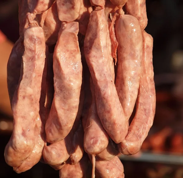 Bunch Freshly Homemade Sausages Outdoor Market — Stock Photo, Image