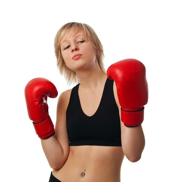 Fit girl in red boxing gloves — Stok fotoğraf