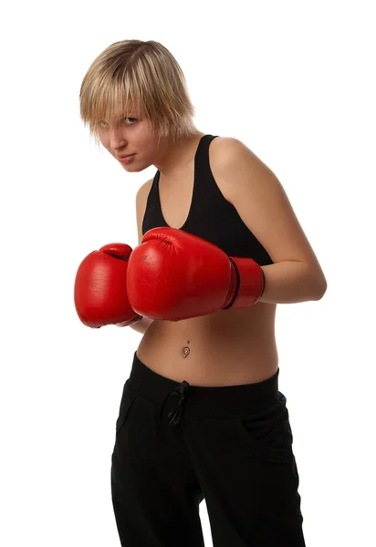 Chica en forma de guantes de boxeo rojo —  Fotos de Stock