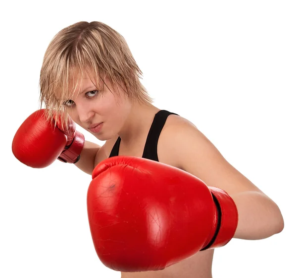 Fit Girl Red Boxing Gloves Isolated White — Stock Photo, Image