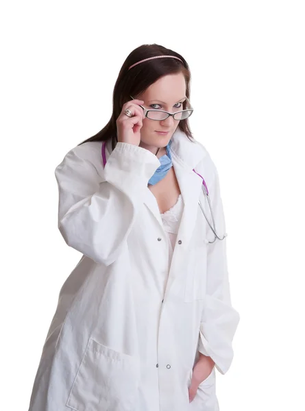 Sexig läkare eller sjuksköterska på vit — Stockfoto