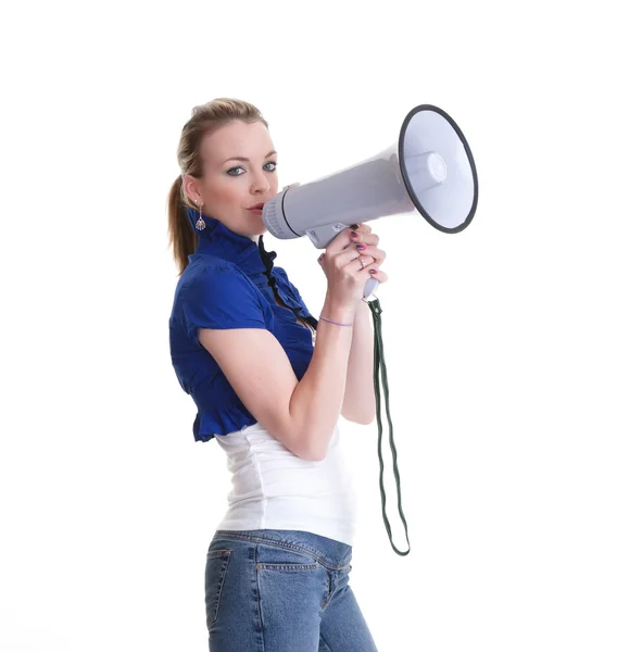 Young woman with megaphone — Stock Photo, Image