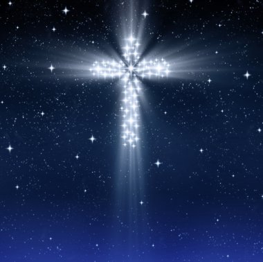 Glowing religious cross in stars clipart