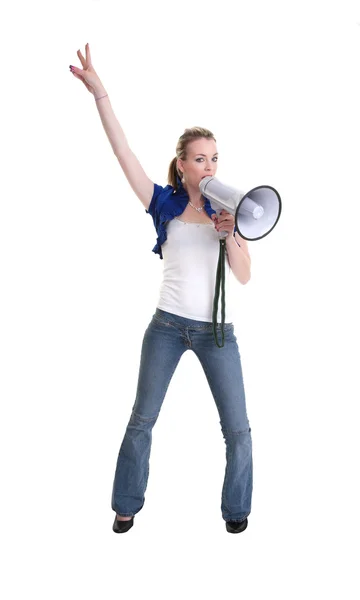 Young woman wiht megaphone or bullhorn — Stock Photo, Image
