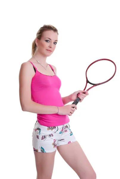 stock image Pretty girl with tennis racket on white