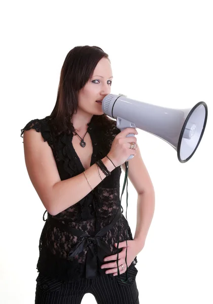 Fiatal nő, megafon vagy kölönte — Stock Fotó
