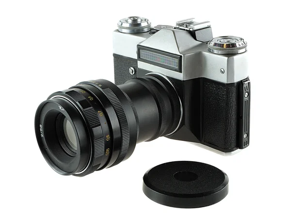 De camera in de stijl van een retro is geïsoleerd op een witte achtergrond — Stockfoto