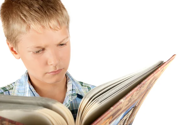 Teenager reads book. Reception of formation. Isolation on white — Stock Photo, Image