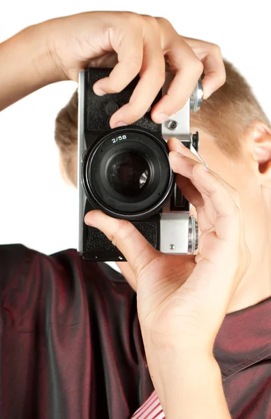 Fotografo professionista isolato su bianco. Ritratto di giovane t — Foto Stock