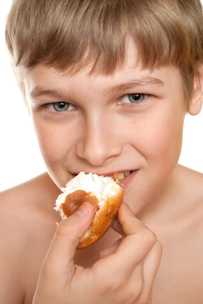 stock image Teen eats cake. The best dessert after a meal.