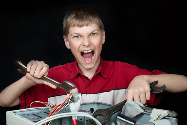Repair your computer. Troubleshooting with a spanner. — Stock Photo, Image
