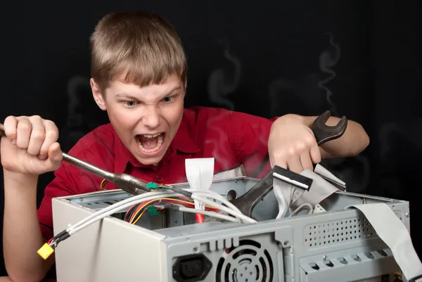 Repair your computer. Troubleshooting with a spanner. — Stock Photo, Image