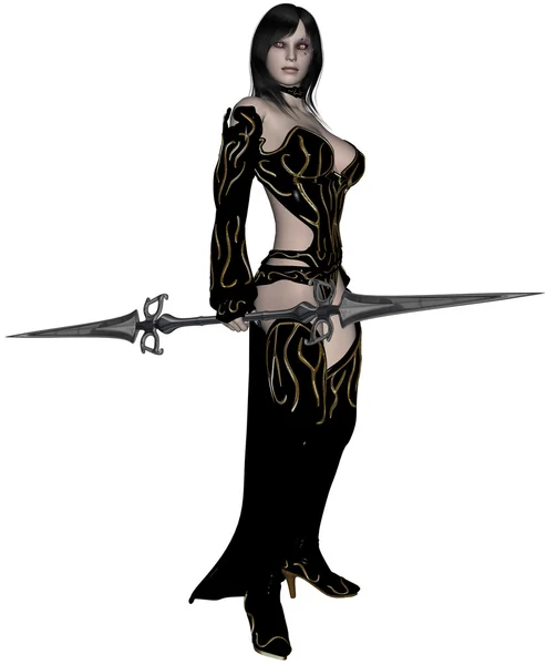 呈现的女黑暗精灵勇士与孤立在白色背景上的矛 — 图库照片