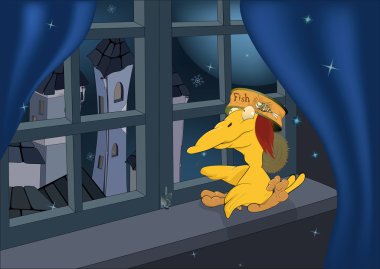 Chicken looking through a window on a night city clipart