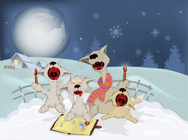 猫歌うクリスマス賛美歌合唱の夜 — ストックベクタ