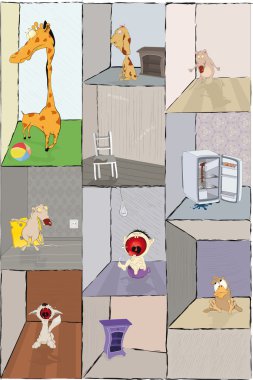 Apartment house bird boy cat clipart