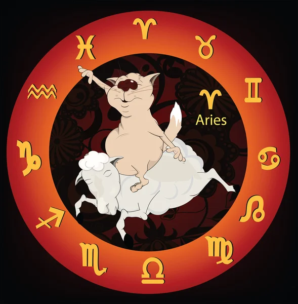 Signos del zodíaco. Aries. Gato y oveja. Caricatura — Archivo Imágenes Vectoriales