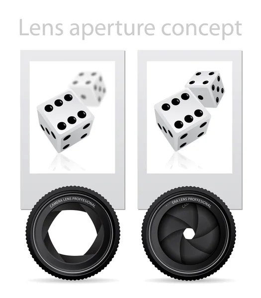 Concepto de apertura de la lente en el ejemplo de dos fotos — Archivo Imágenes Vectoriales