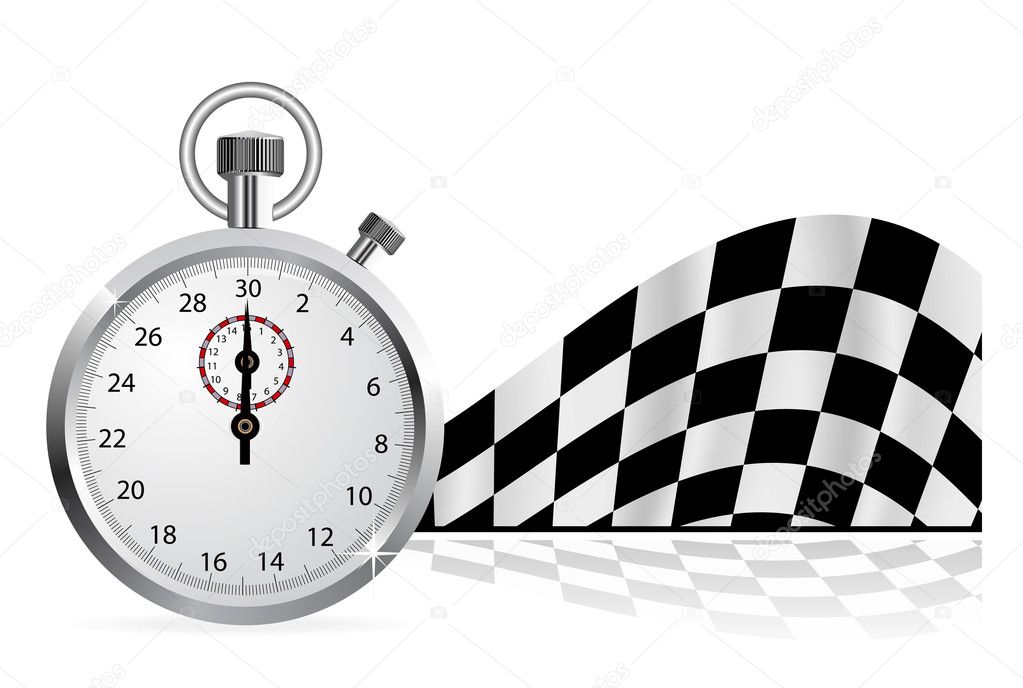 Checkered flag with a stopwatch on white background