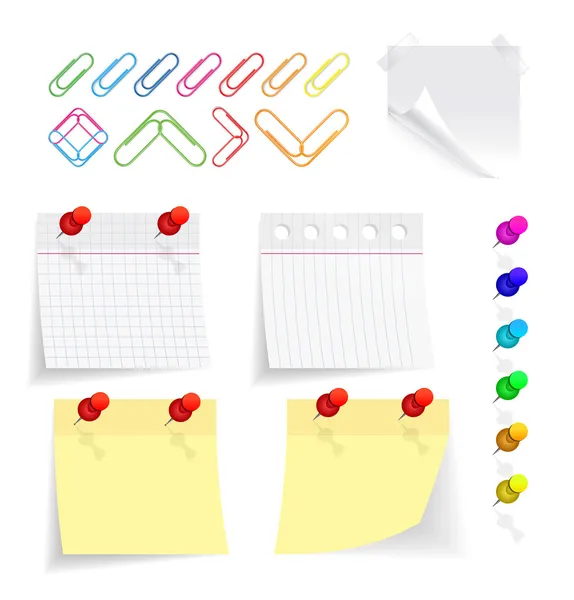 Papier collectie met paperclips op wit — Stockvector