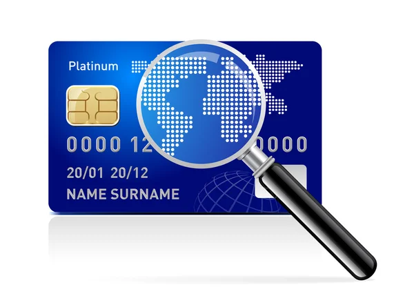 Vektorové kreditní karta s lupou na bílém pozadí — Stockový vektor