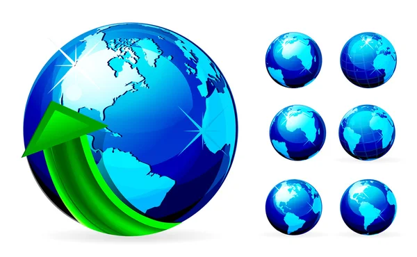 Globus mit Pfeilvektorabbildung auf weißem Hintergrund — Stockvektor
