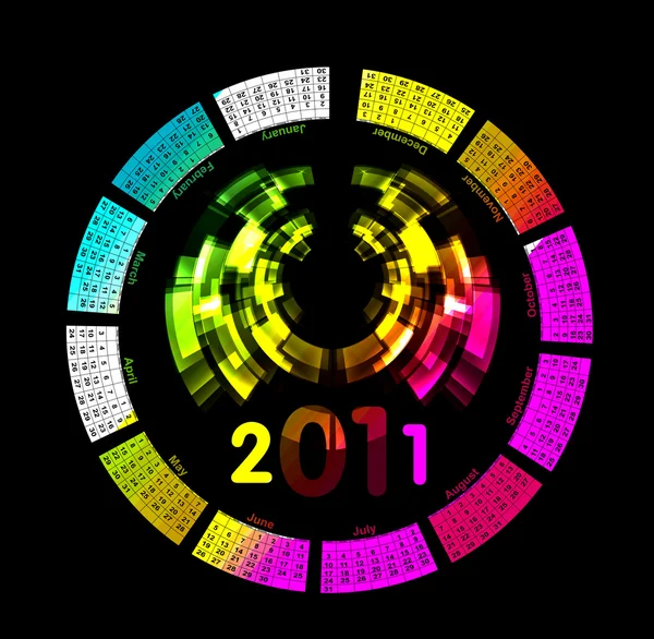 2011 年多彩日历。圆形设计。每周开始于崇德 — 图库矢量图片