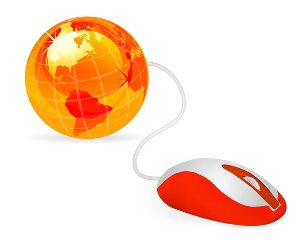 Myszy Nowoczesny Pomarańczowy Komputer Podłączony Pomarańczowy Postać Globusa Biały — Wektor stockowy