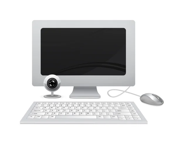 Υπολογιστή με το πληκτρολόγιο, ποντίκι και webcam εικονογράφηση φορέας που απομονώνονται σε wh — Διανυσματικό Αρχείο