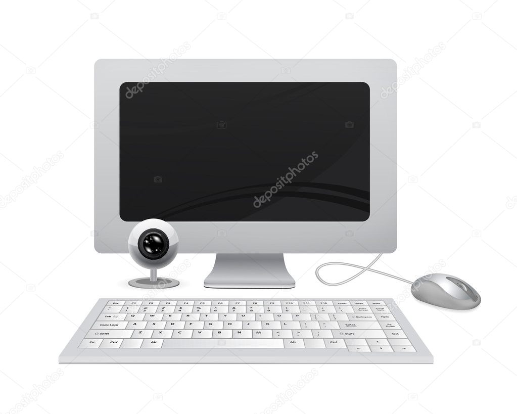 Computer with keyboard, mouse and webcam vector illustration isolated on wh