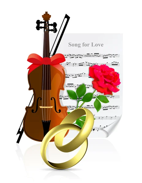 带戒指 小提琴 玫瑰和白底注释页的婚礼插图 — 图库矢量图片