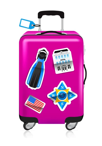 Red suitcase for travel with stickers — Stock Vector