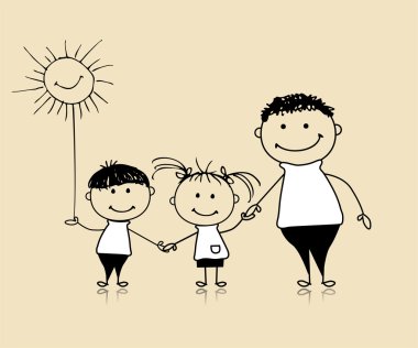 Happy family smiling together, father and children, drawing sketch clipart