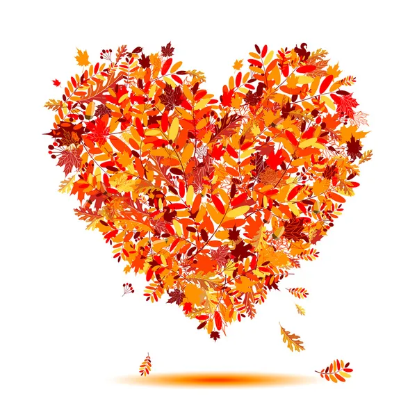 Ich liebe den Herbst! Herzform aus fallenden Blättern — Stockvektor