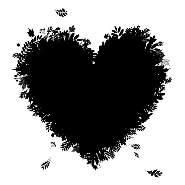 Adoro l'autunno! Forma del cuore dalle foglie cadenti, silhouette nera — Vettoriale Stock