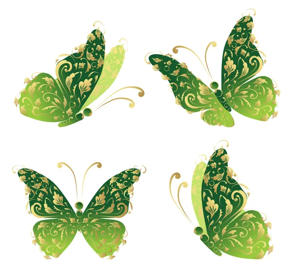 Groene kunst butterfly vliegende, floral gouden ornament — Stockvector
